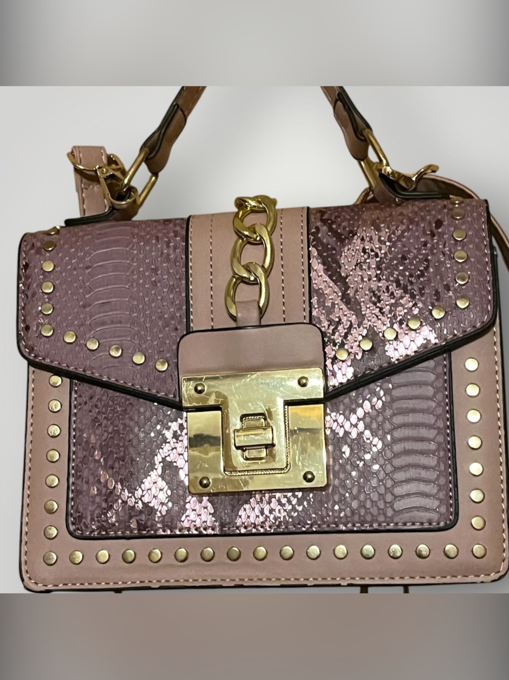 Metallic Pink Snake-Embossed Satchel with Gold Hardware